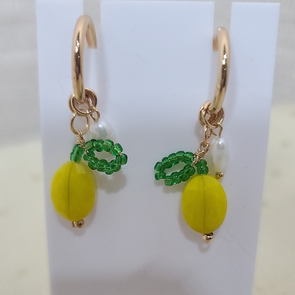 Goldtone & Yellow Lemon Beaded Green Leaf Post Hoop Earrings NWT